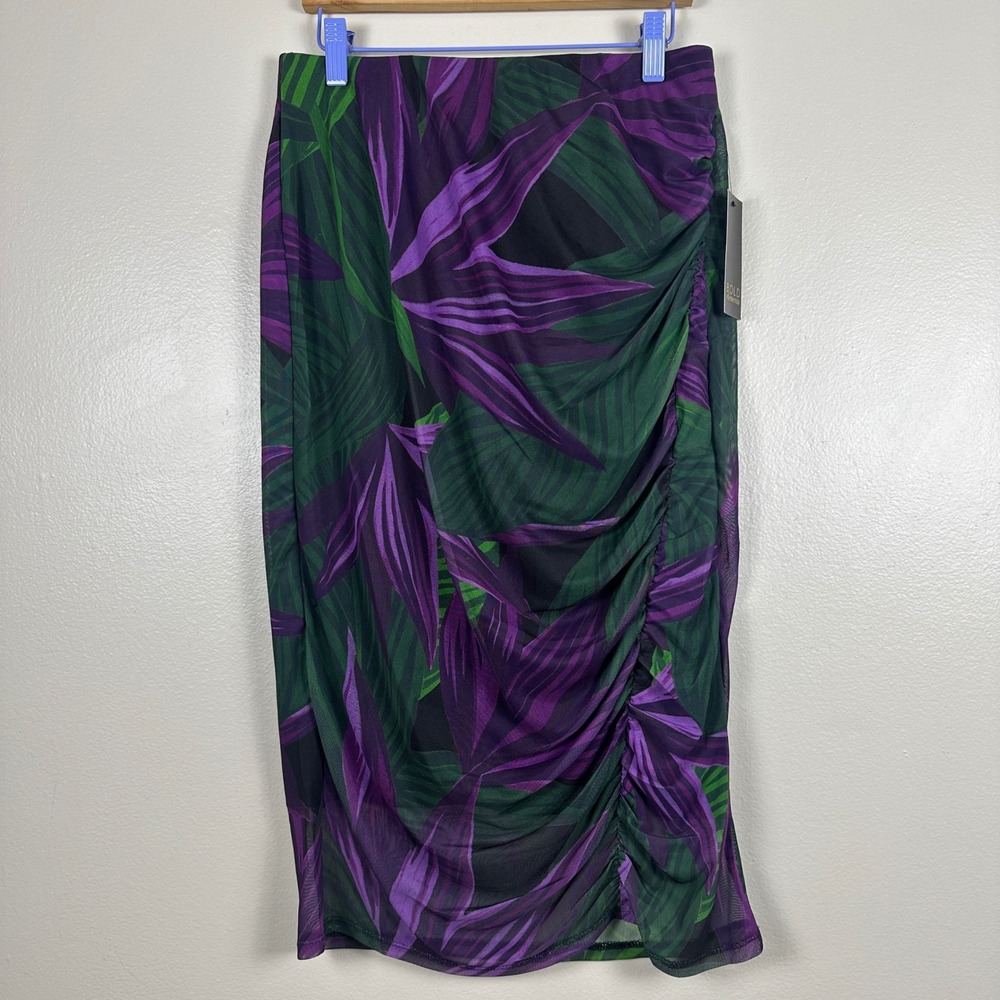 Bold Elements Women's M Midi Skirt Purple Green Tropical Ruched Mesh Overlay NEW